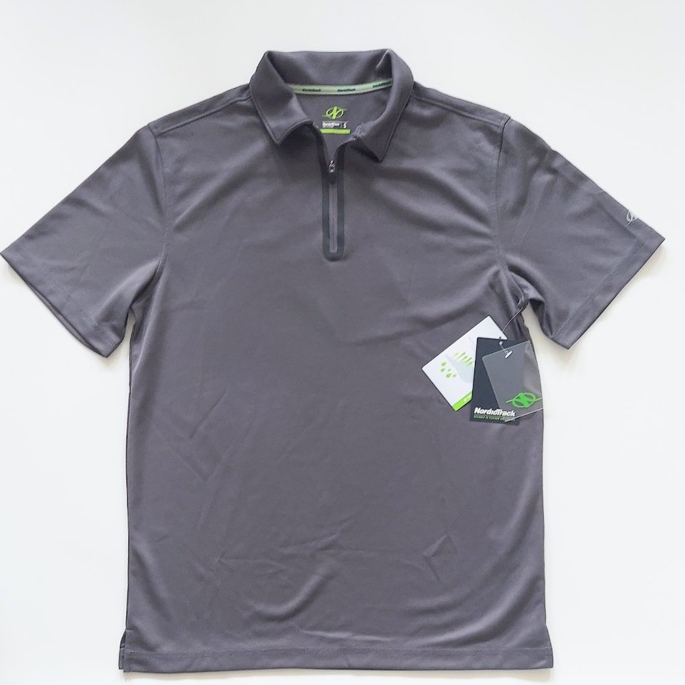 NordicTrack Short Sleeve Polo Welded Placket Shirt Gray Mens Small NWT